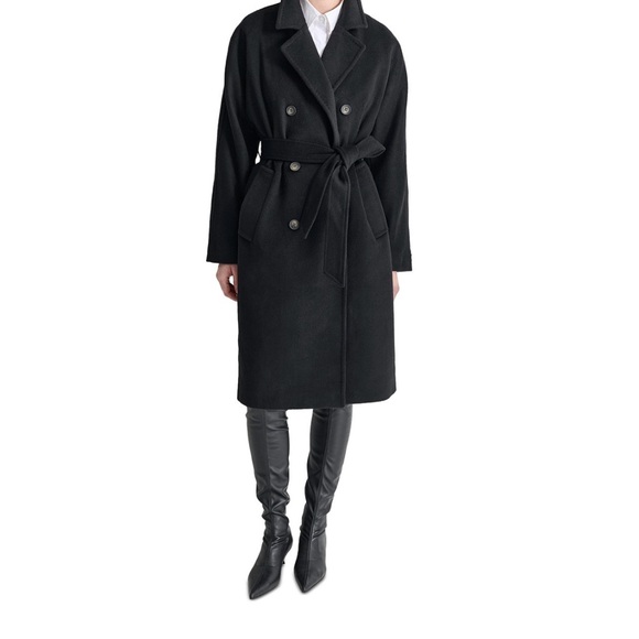 Dkny Women’s Black Wool Blend Belted Trench Coat Size M New W/ Tags